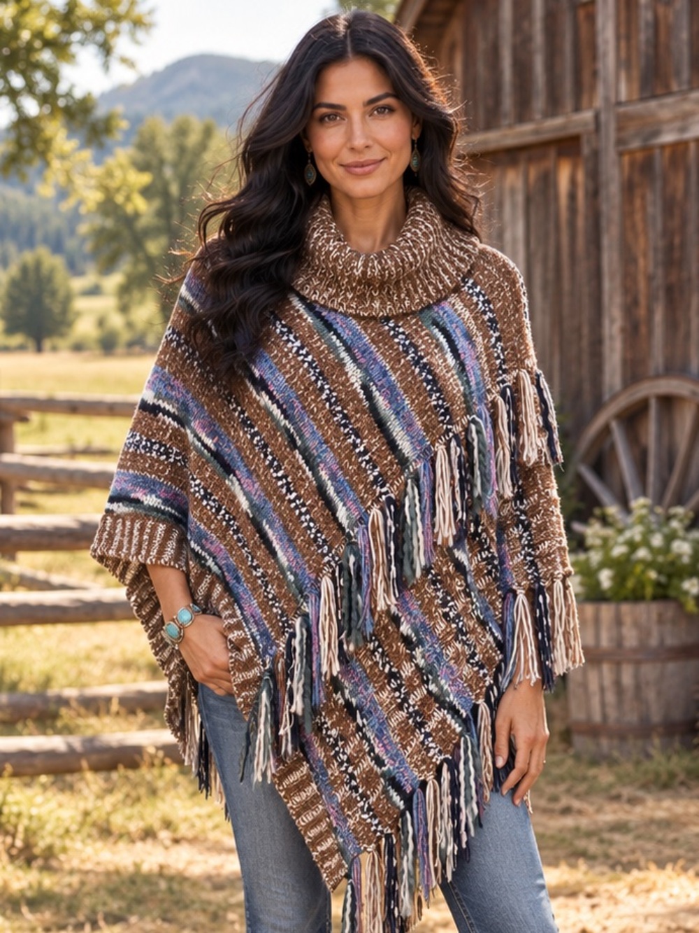Anthropologie Multi-Color Striped Poncho Boho Fringed Cowl Neck - NWOT One Size